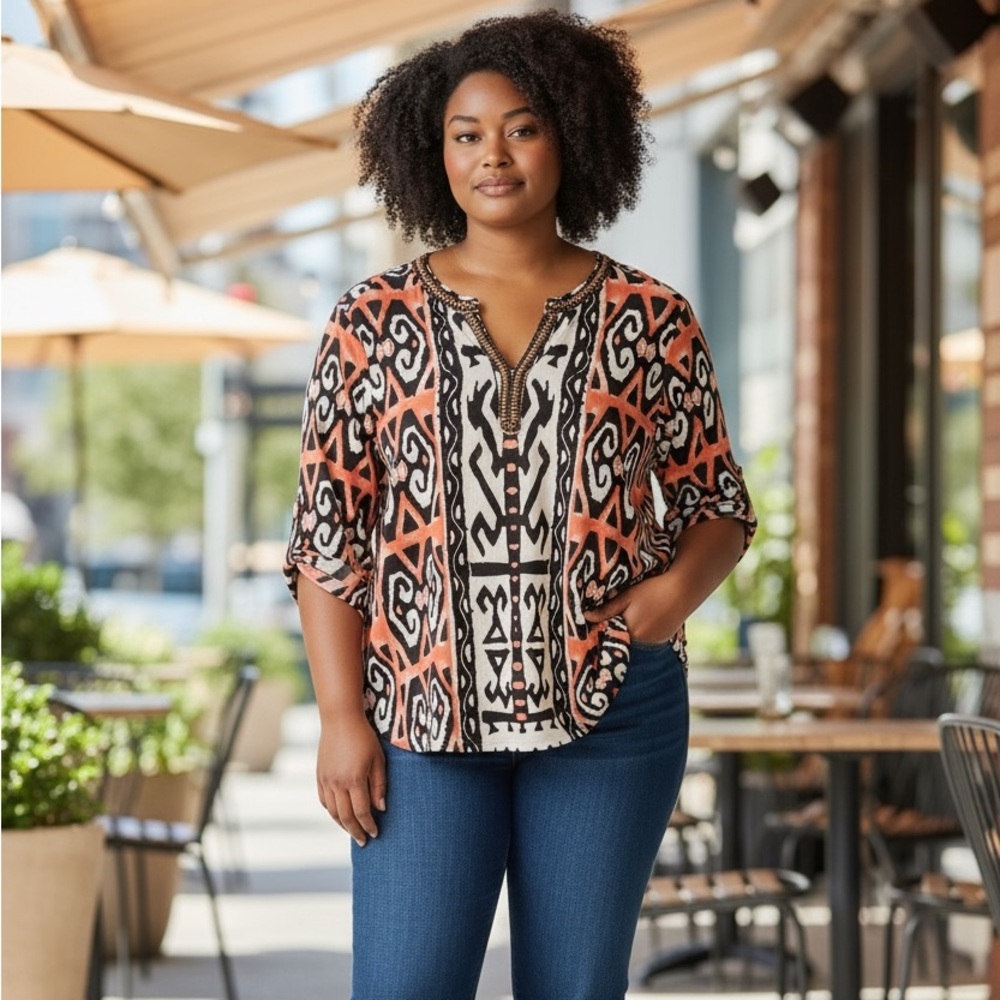 Chico’s Size 3 Beaded V-Neck Safari Print Top Roll Tab Sleeves Blouse